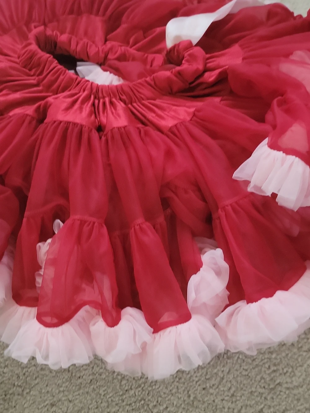 Girls Red Ruffled Tulle Skirt  with Pink Trim